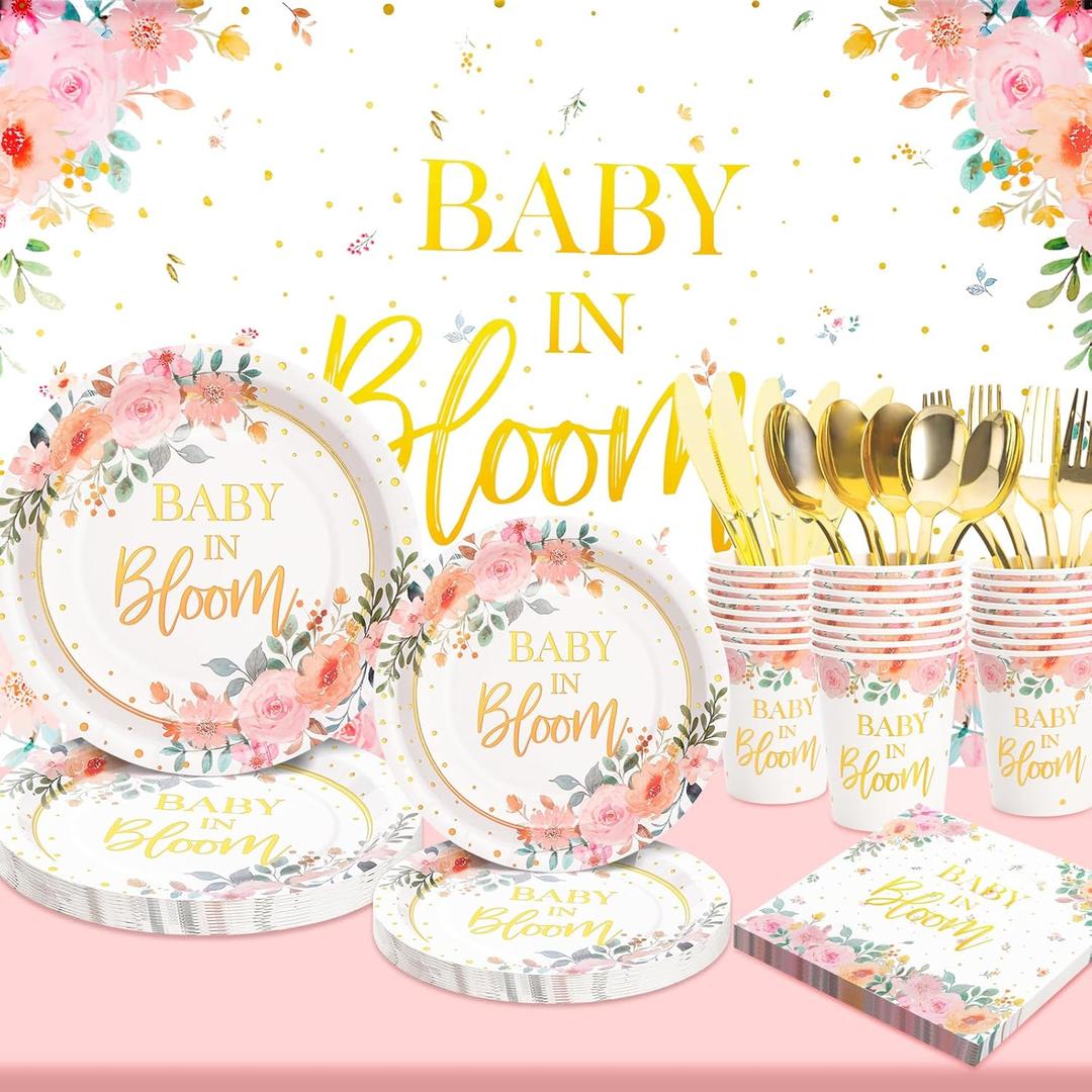169 Pcs Baby in Bloom Baby Shower Decorations for Girl, It's a Girl Baby Shower Plates and Cups and Napkins Sets, Pink Floral Plates Serves 24, Spring Summer