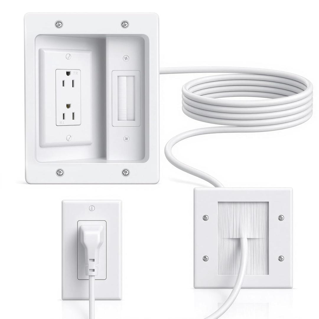 in Wall Cable Management Kit with Recessed Outlet Box, TV Cord Hider & Concealer - Dual Power Outlet, Large Pass-Through for HDMI Cables, UL Listed for Wall Mounted TV