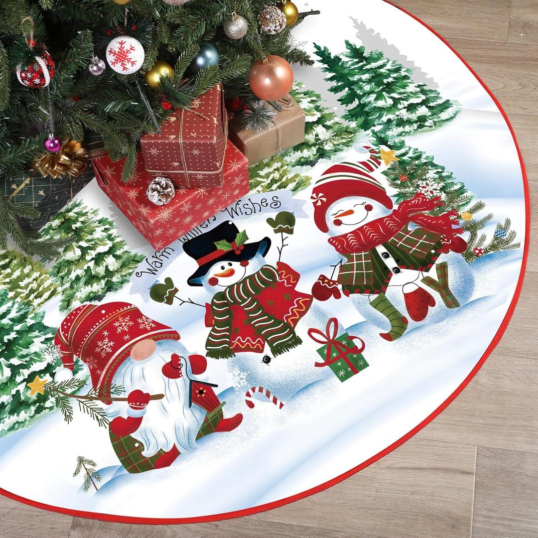 Tiamon Christmas Tree Skirt Polyester Xmas Tree Skirt with Snowflake Deer Snowman Pattern Christmas Decorations for Winter Xmas Holiday Farmhouse Indoor Party Decorations(White and Red,48 in)