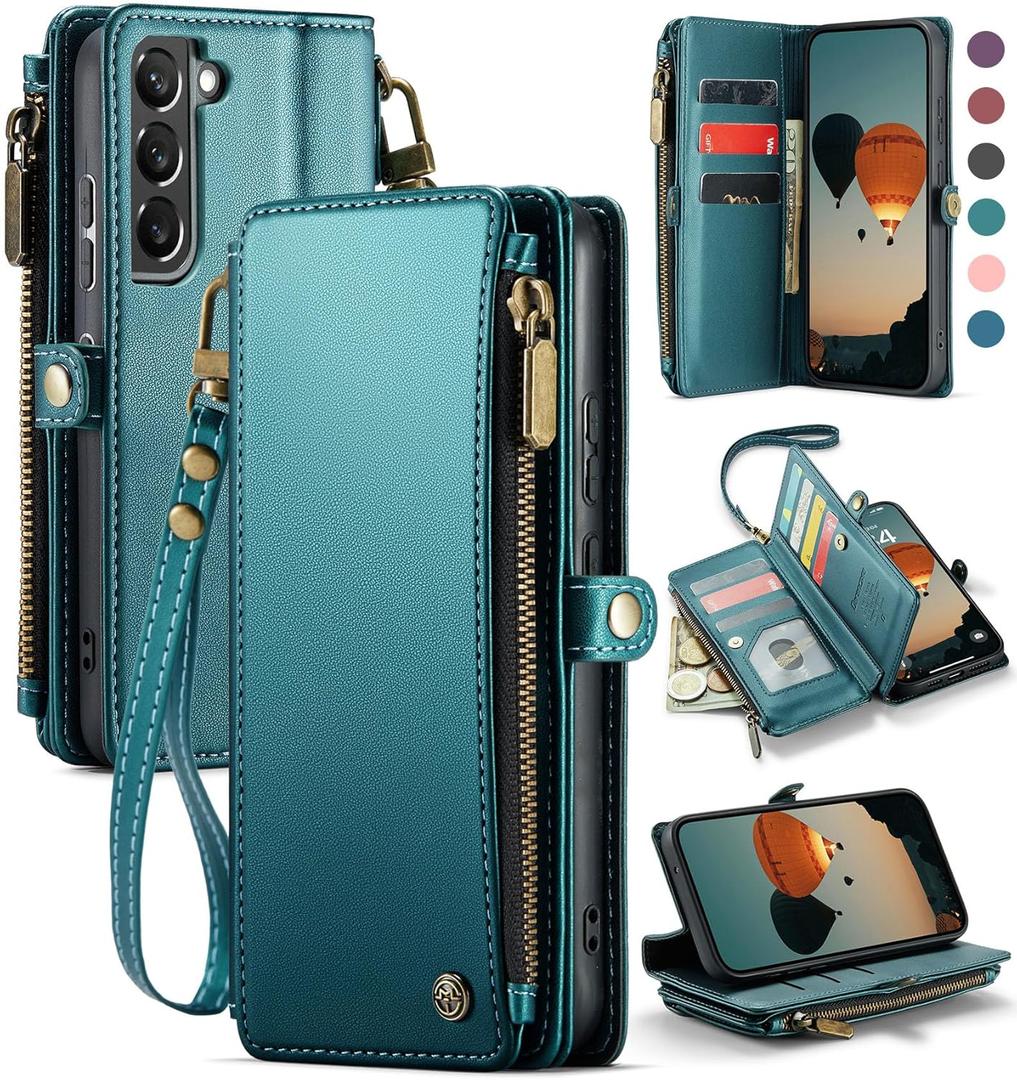Defencase Compatible with Galaxy S21 FE 5G Case Wallet with RFID Blocking Card Holder for Women Men, PU Leather Magnetic Snap Flip Zipper Strap Phone Case Fit for Samsung Galaxy S21 FE 5G, Blue Green