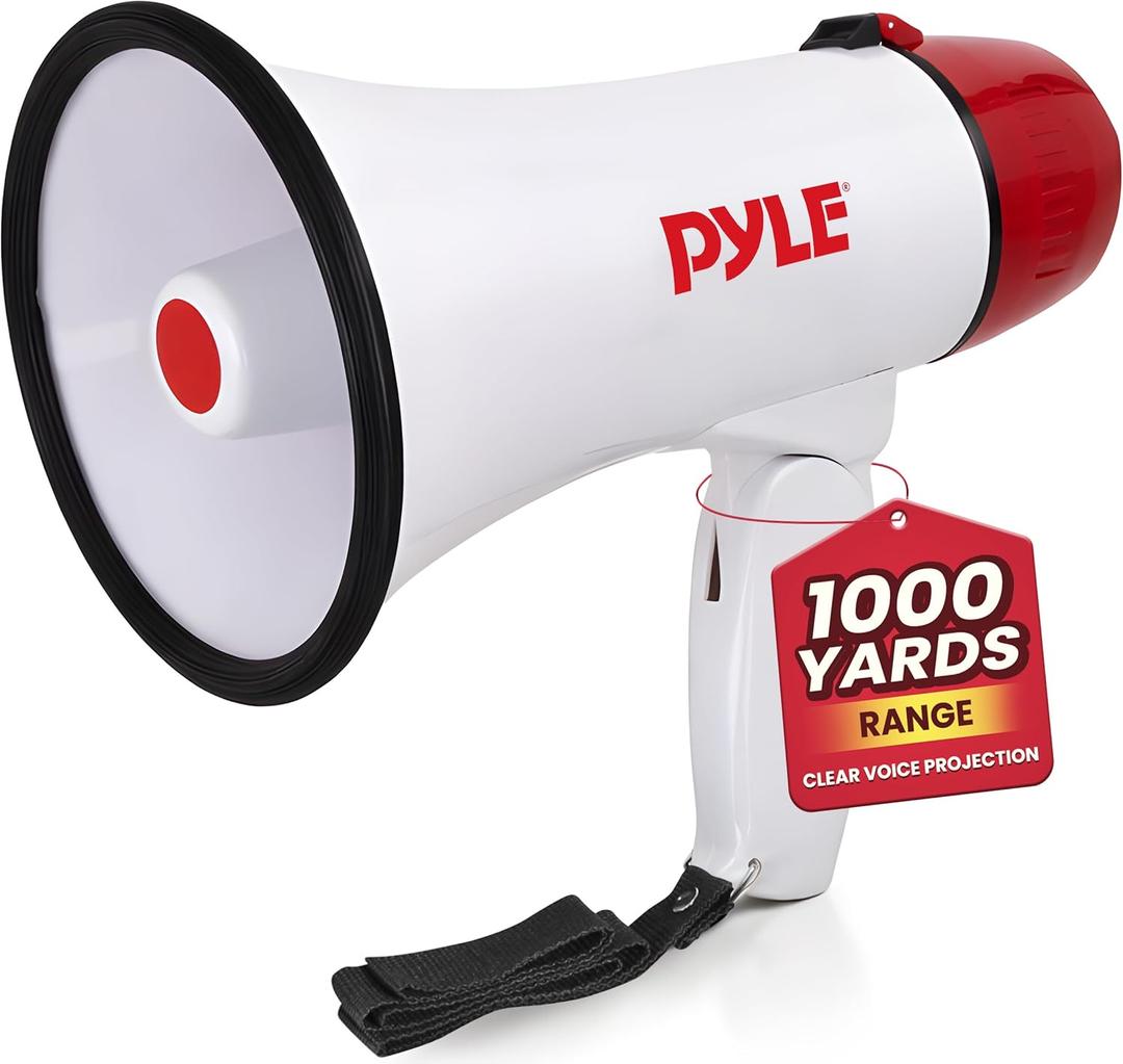 Pyle 20W Megaphone Bullhorn - 5.4'' x 8.6'' Portable Megaphone, Projection Range 1000 Sq. Yards, Voice Talking & Siren Alert, Shoulder Strap, Battery Operated (White)