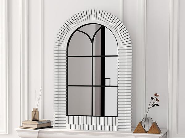 inches Arched Window Wall Mirrors with Grids, White Farmhouse Wooden Arch Mirror for Dresser, Bedroom, Stairways, Entryway and Living Rooms Decorative