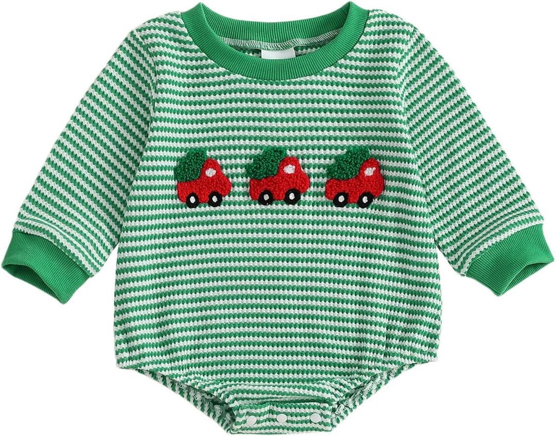 ZAXARRA Baby Christmas Sweatshirt Romper Striped Waffle Knit Jumpsuit Christmas Tree Embroidery Cute Boy Girl Holiday Outfit (3-6Months, Green)