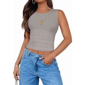 ZESICA Womens Summer Tank Tops 2026 Sleeveless Crewneck Knit Slim Fitted Side Ruched Casual Basic Shirt (Gray, S)