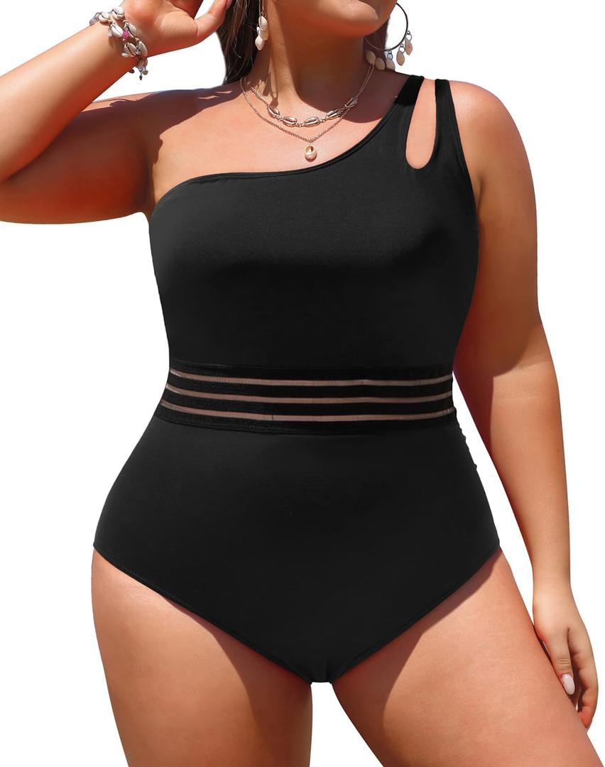 Aqua Eve Plus Size One Piece Swimsuit One Shoulder Bathing Suit Tummy Control Keyhole Swimwear (Solid Black)