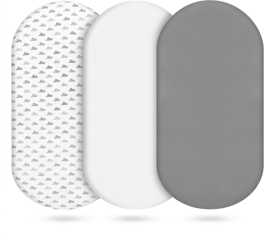 3-Pack Cotton Muslin Bassinet Sheets - Fitted Elastic Mattress Cover for Baby Boys & Girls, Breathable Bedside Bassinet Sheets Neutral Colors (Fits Oval & Rectangle Shape) (Gray)