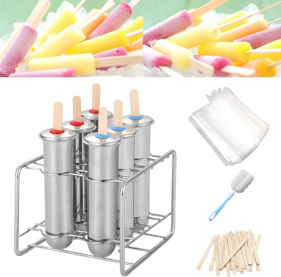 Set of 6 Stainless Steel Popsicle Molds Kit, Metal Popsicle Moulds,Homemade Ice Treat Makerwith 50 Wooden Sticks and 6 Silicone Seals and 20 Pop Bags,Cleaning Brush