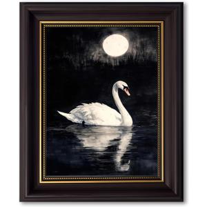 TravelReady Moody Swan Framed Wall Art Dark Moonlight Wall Decor 9x11 In