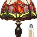 Stained Glass Table Lamp,Stained Glass Crystal Bead Style Table Light, Handmade Desk Bedside Night Light, Antique Art Craft Gifts Lover Living Room Bedroom Bookcase (Red Tulips)