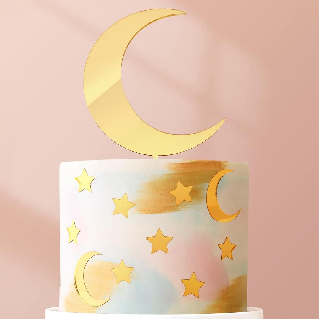 Huray Rayho 27 Pcs Moon Star Cake Toppers Acrylic Cake Decorations Twinkle Twinkle Little Star Celestial Cake Charms Mirror Gold for Over the Moon Baby Shower Wedding Birthday Party