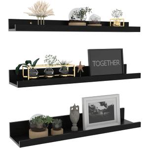 Giftgarden 24 Inch Black Floating Shelves Wall Mounted Woodgrain Picture Ledge Shelf for Storage Bedroom Bathroom Kitchen Living Room Office, Set of 3 Different Sizes