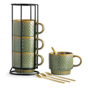 LYEOBOH Coffee Mug, Coffee Mugs Set of 4, Stackable Coffee Mugs with Rack and Spoons - 13 Oz Cup Set with Stand, Ceramic Mugs for Home & Kitchen, Blue and Green