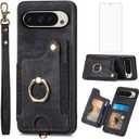 Asuwish Phone Case for Google Pixel 9/9 Pro 5G Wallet Cover with Tempered Glass Screen Protector and Wrist Strap Lanyard RFID Card Holder Ring Stand Cell Accessories Pixel9 9Pro Nine Women Men Black