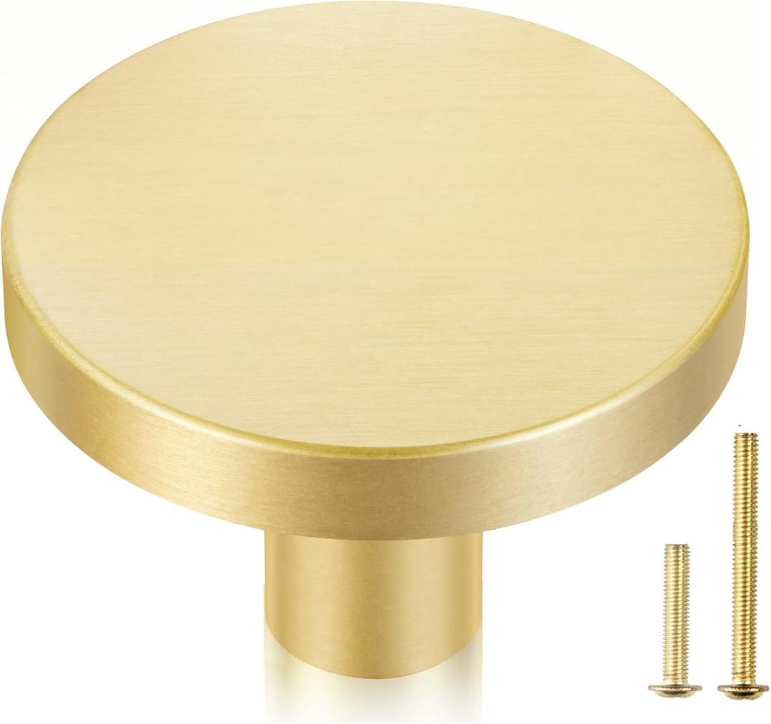 QOGRISUN 2-Pack Solid Brass Cabinet Knobs, 1-5/16-Inch Diameter, Round Gold Dresser Drawer Pulls Handles, Modern Kitchen Hardware, Brushed Brass Finish
