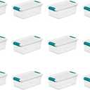 Sterilite 6 Qt Latching Storage Box, Stackable Bin with Latch Lid, Plastic Container to Organize Shoes on Closet Shelf, Clear with White Lid, 12-Pack