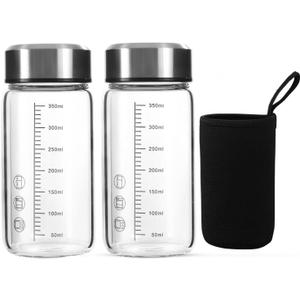 12Oz Small Glass Water Bottle with Lid and Sleeve,0.15in/3.8mm Thick Glass Shaker Bottles for Protein Mixes,Juicing,Smoothies,Infused Water,Beverage,Reusable Juice Bottles (2 Pieces)