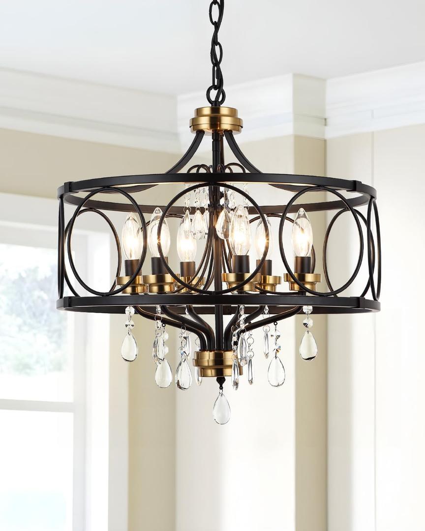 Modern Chandelier Black Metal Crystal Hanging Light 6 Light Dining Room Pendant Lighting Fixture for Farmhouse Bedroom Living Room Kitchen Entryway E12 Bulbs Not Included