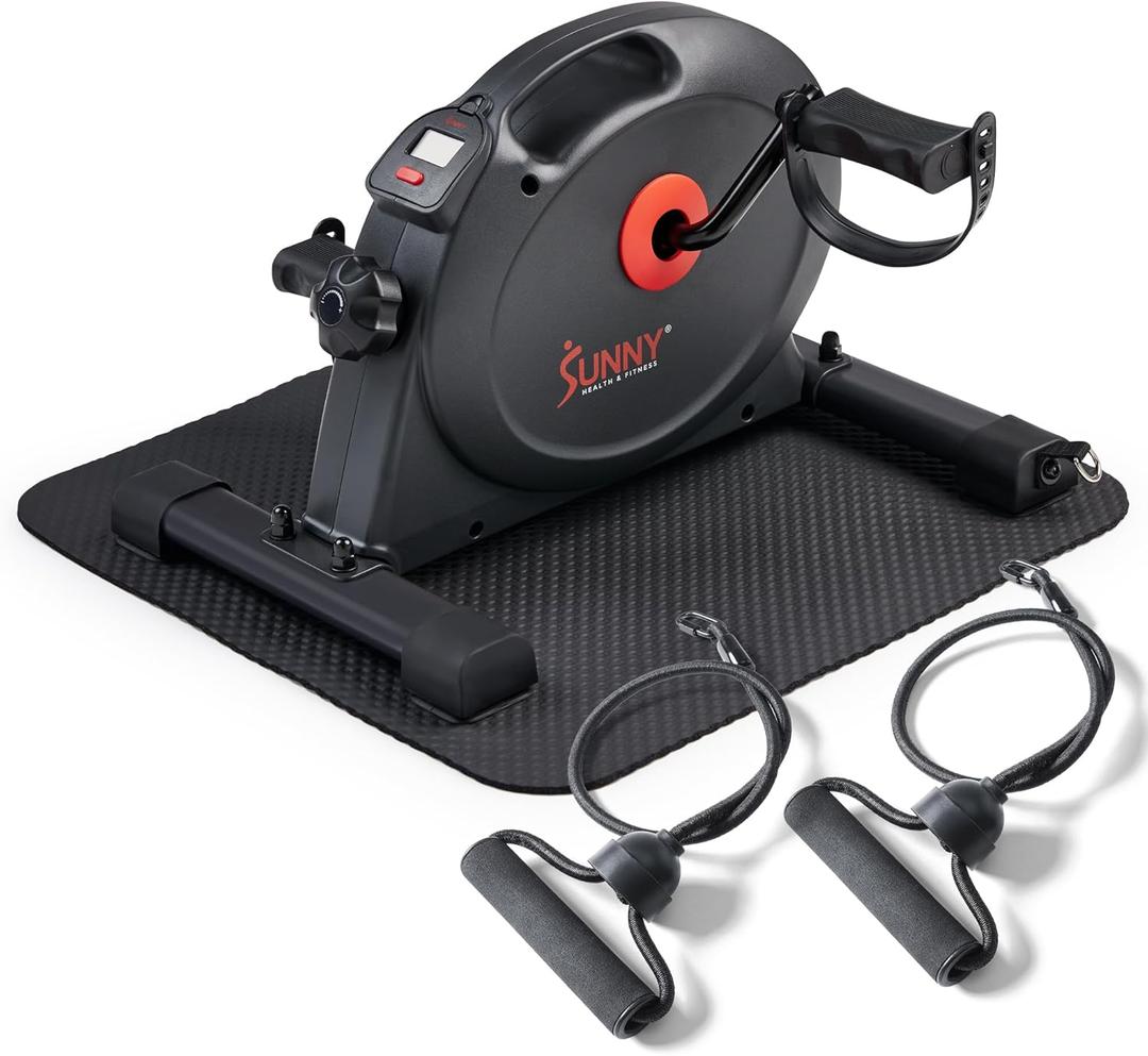 Sunny Health & Fitness Under Desk Smart Mini Pedal Exerciser, Exercise Cycle Bike and Mat/Workout Bands with Low Profile Design - SF-B0418SMART