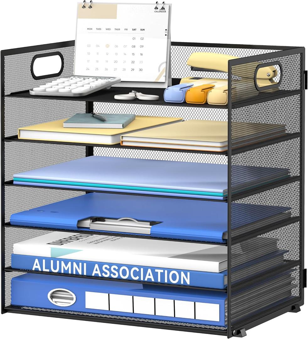 Daltack 6 Tier Paper Organizer for Desk, Paper Letter Tray Organizer for Desks, Mesh Desk File Organizers with Handle for Office, Home, School, Classroom, Black