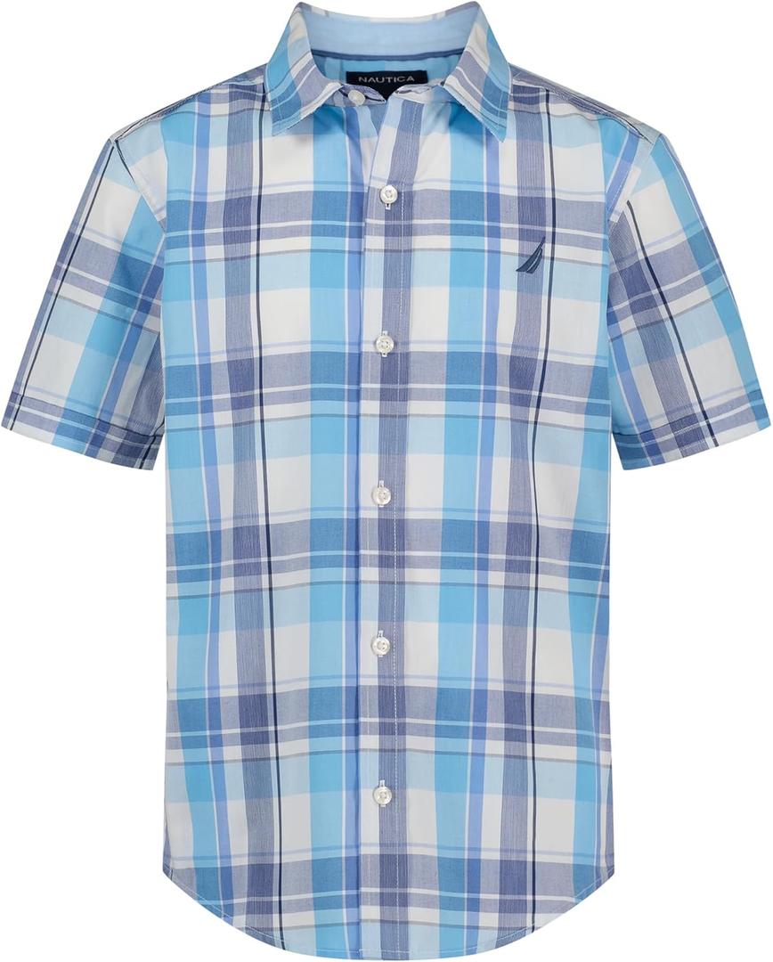 Nautica Boys Short Sleeve Woven Button-Down Shirt. Light Weight & Breathable (14-16, Spring Plaid)