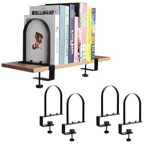 WOMACO Book Ends for Heavy Books, Heavy Duty Bookend for Shelves, Super Steady Clamp-On Non-Skid Metal Book Shelves Holders Stoppers for CDs, Vinyl Records (Black, 2 Pairs)