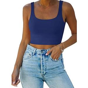 REORIA Women’s Sexy Square Neck Double Lined Seamless Sleeveless Cropped Tank Yoga Crop Basic Tops S