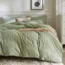 JELLYMONI Light Green Duvet Cover Queen Size, 3pcs Washed Microfiber Bedding Set, Soft Breathable Seersucker Duvet Cover Set with Zipper Closure and Corner Ties for All Seasons