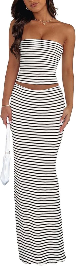 Goafuliy 2 Piece Skirt Sets for Women Summer, Floral Sleeveless Tube Top Bodycon Maxi Skirts Y2k Vacation Going Out Outfits, S
