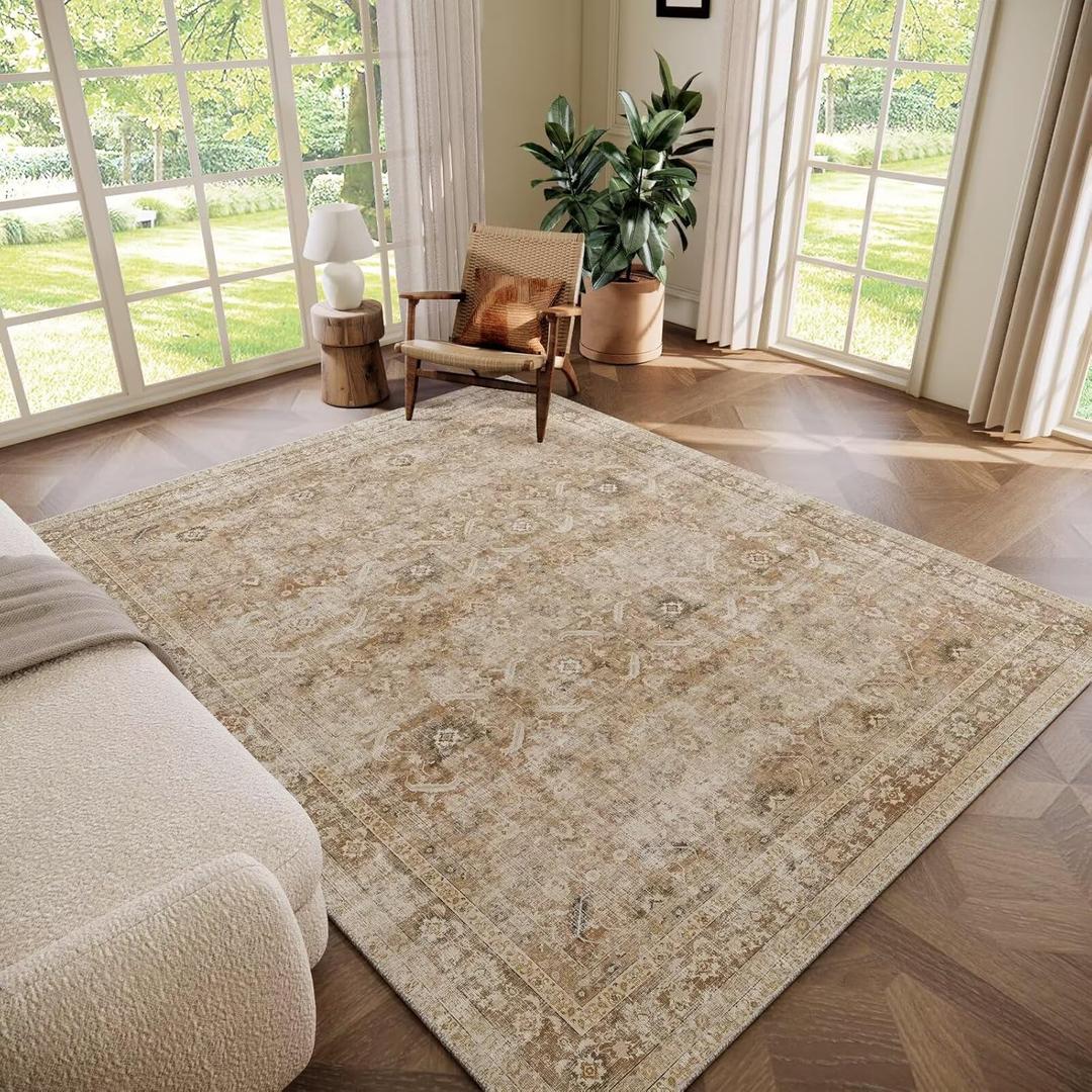 Washable 5x7 Area Rugs for Living Room, Boho Non-Slip Vintage Distress Rugs for Bedroom Dining Room Nursery Office, 0.3" Neutral Oriental Throw Thin Carpet with Cushioning Pad, Brown/White/Multi