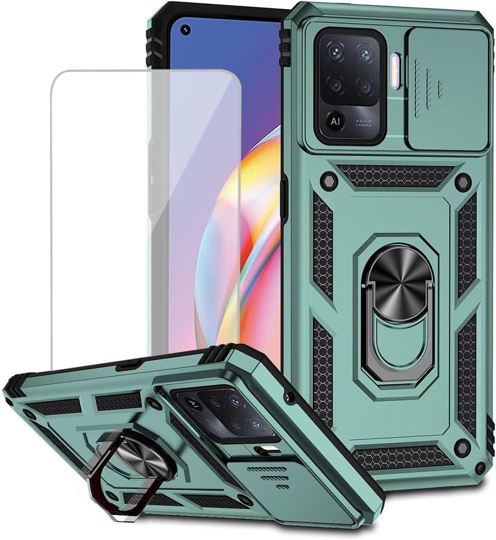for Oppo A94 4G/Reno5 Lite/F19 Pro/Reno 5F Case with Tempered Glass Screen Protector and Slide Camera Cover, Magnetic Ring Car Mount Holder Kickstand Protective Cover for Oppo A94 4G Green