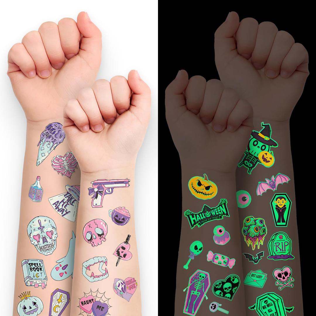 5 x X-Protector Halloween Tattoos for Kids - Giant Pack of Temporary Tattoos - Fake Halloween Tattoos Gifts - Glow in the Dark Spooky Party Favors - Bulk Halloween Goody Bag Fillers!