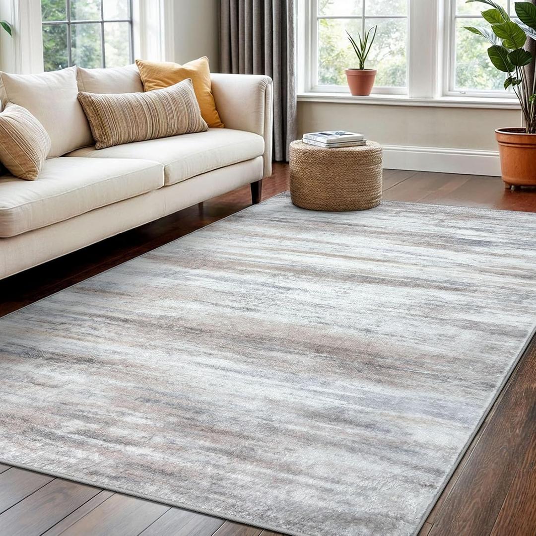 KOZYFLY 4x6 Area Rug Modern Ombre Bedroom Rug, Washable Non-Slip Soft Striped Living Room Rug, Print Grey-Blue Abstract Carpet for Laundry Nursery (Light Beige/Slate Pink)