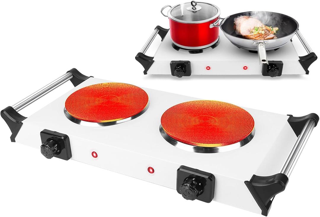Hot Plate, 2000W Portable Electric Double Burner W/5 Level Temperature Control & Stay Cool Handles, Easy to Clean, Lightweight Cast Iron Electric Stove for Kitchen Camping Cooking, 110V