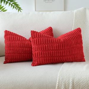 OTOSTAR Pack of 2 Soft Corduroy Decorative Throw Pillow Covers 16 x 24 Inch Boho Striped Pillow Covers Lumbar Cushion Case Couch Pillowcases for Sofa Bed Home Decor (Red)