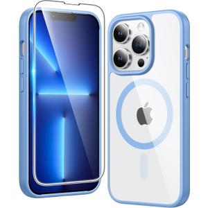 FNTCASE for iPhone 13 Pro Case: Clear Magnetic Phone Cases with Screen Protector Compatible with Magsafe Slim Anti Yellowing Rugged Protective Transparent Cell Phone Cover (B-Sierra Blue)
