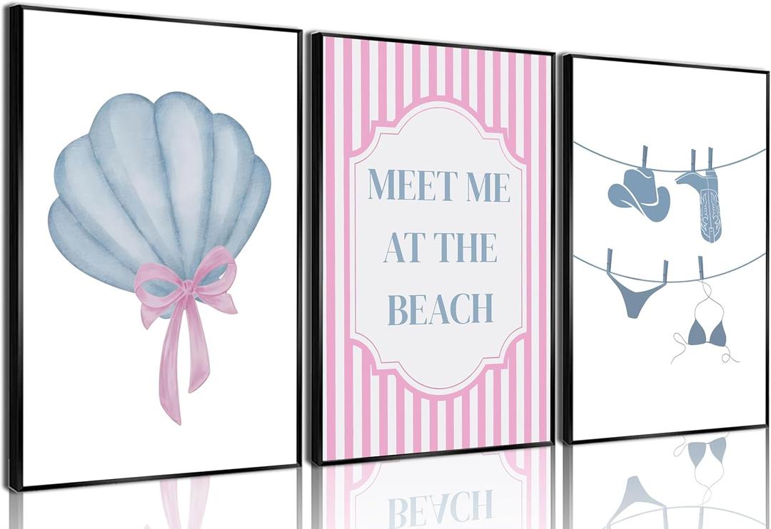 Pink and Blue Coastal Wall Art Set Of 3 Preppy Bikini Shells Painting Picture Wall Decor Meet Me at the beach Poster Print Artwork for Living Room Bedroom Dining Room Bathroom Home Decoration Unframed (24L" x 16W")