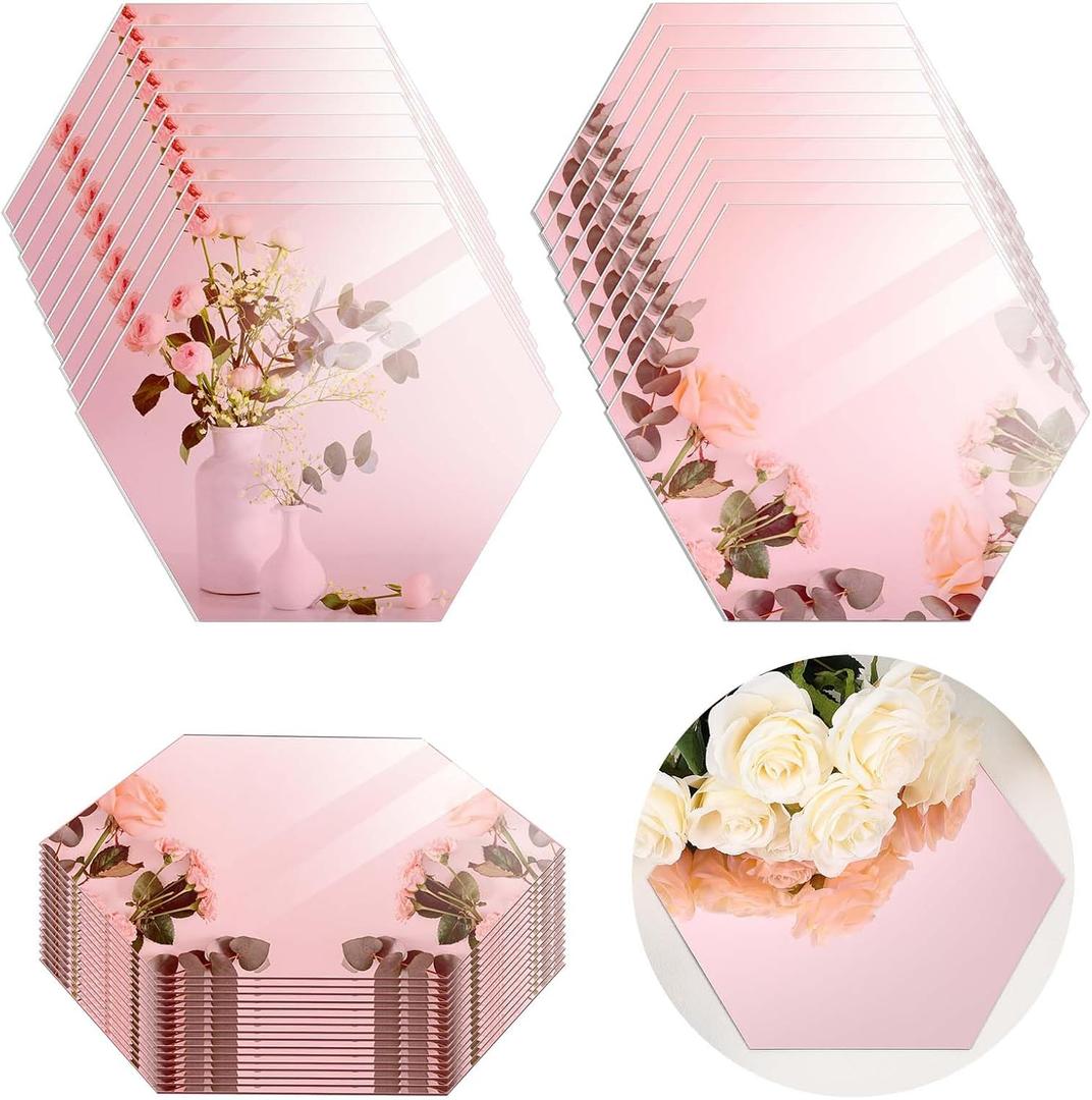 12 Pcs 12 Inches Acrylic Hexagon Mirrors for Tables Centerpieces Wedding Centerpieces Rose Gold Mirror Trays Mirror Plates for Table, Wedding, Baby Shower Party Decorations, 1.5 mm