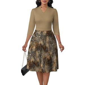 3/4 Sleeve Dress for Women Fit and Flare A-Line Church Dresses with Pockets Midi Wedding Guest Dress, M