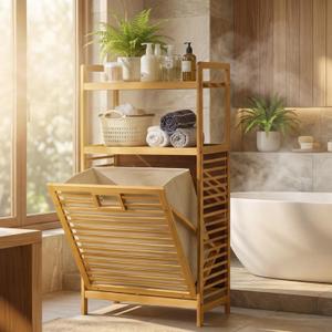 Baveke Laundry Hamper with 2-Tier Shelves & Tilt Out Basket, Laundry Baskets Organizer Hampers Bathroom Storage Shelf for Laundry Room, Bathroom, Nursery, Bedroom, Guest Room (FSC-Certified Bamboo), YSJ01-2T