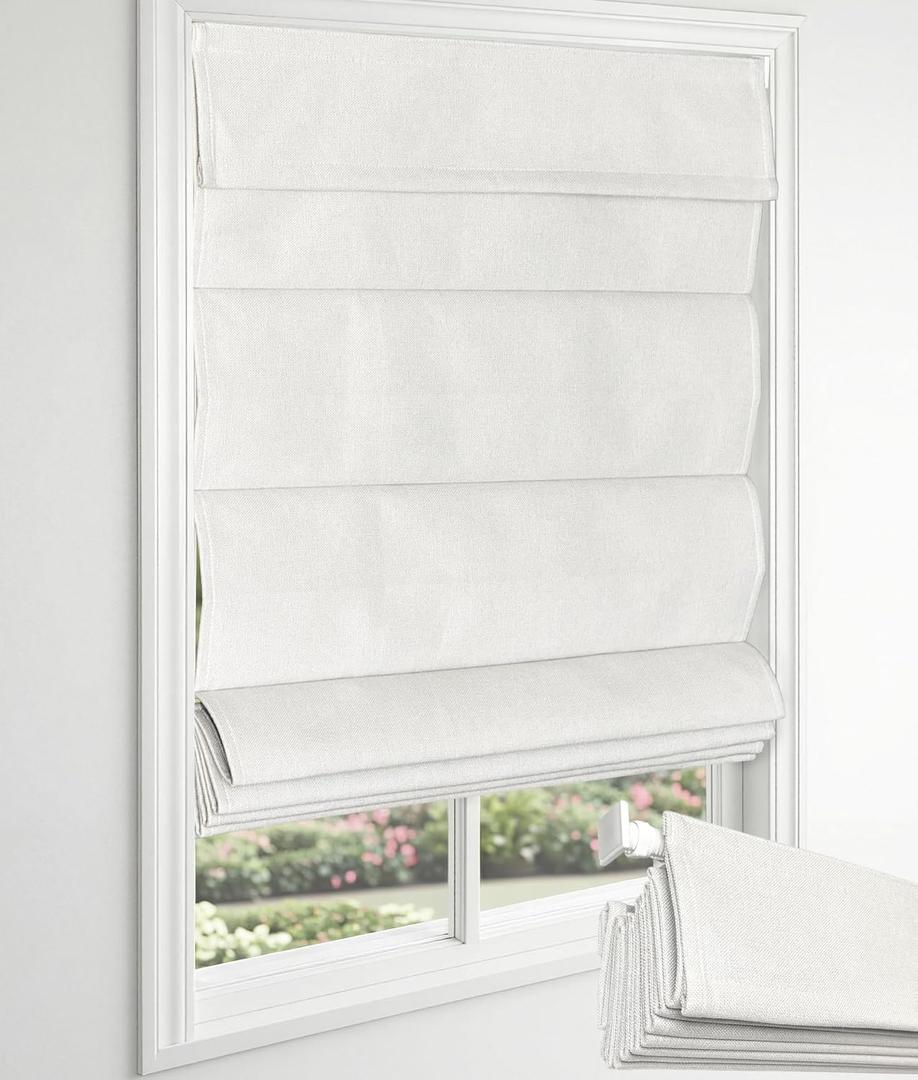 Blackout No Drill Roman Shades, 30" W x 64" H, Off White