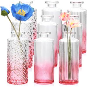 Glass Bud Vase Set in Bulk, 9pcs Mini Vintage Flower Vases for Wedding,Pink Relief Vase for Centerpieces,Home Table Flower Decor, Party Decorations