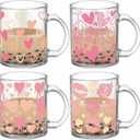 Tioncy 4 Pcs Valentines Heart Coffee Mugs 12 oz Heart Glass Cups with Handle Valentine's Day Pink Coffee Cup Sweet Love Gifts Drinking Mugs for Romantic Holiday Party