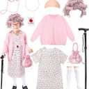 11 Pcs Old Lady Costume for Kids,100 Days of School Costume Girls,Granny Grandma Costumes Kids Accessories (8-10yr, Pink)