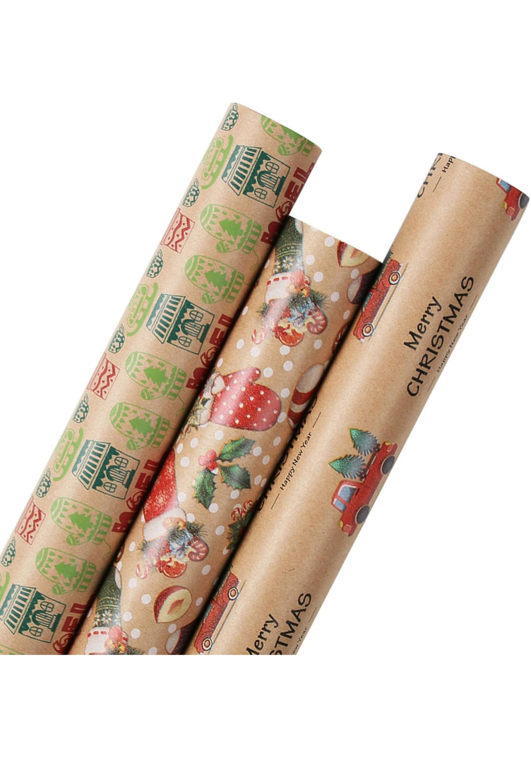 Aimyoo Kraft Christmas Wrapping Paper Set - 3 Rolls - 30 in x 16 ft Per Roll, Stockings Gloves Candy Canes Truck Merry Christmas Design Aimyoo Kraft Christmas Wrapping Paper Set - 3 Rolls - 30 in x 16 ft Per Roll, Stockings Gloves Candy Canes Truck Merry Christmas Design
