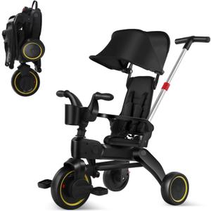5-in-1 Compact, Foldable Tricycle - Suitable for Toddlers 10 to 36 Months Push Tricycle Bike for Toddlers with Removable Handle Seat Adjustable Canopy for Kids (Black)