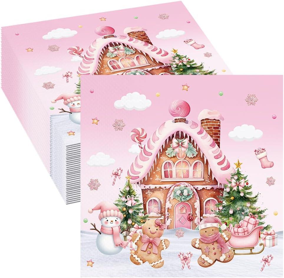80 Pcs Christmas Pink Gingerbread House Paper Napkins Snowman Gingerbread Man Xmas Tree Happy Birthday Disposable Napkins Merry Christmas Party Table Decorations Supplies