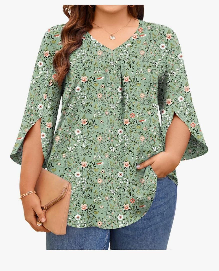Aodemo Womens Plus Size Tops 3/4 Sleeve Dressy Chiffon Blouse Summer Work Tunic Casual Flowy Shirt 2Xl