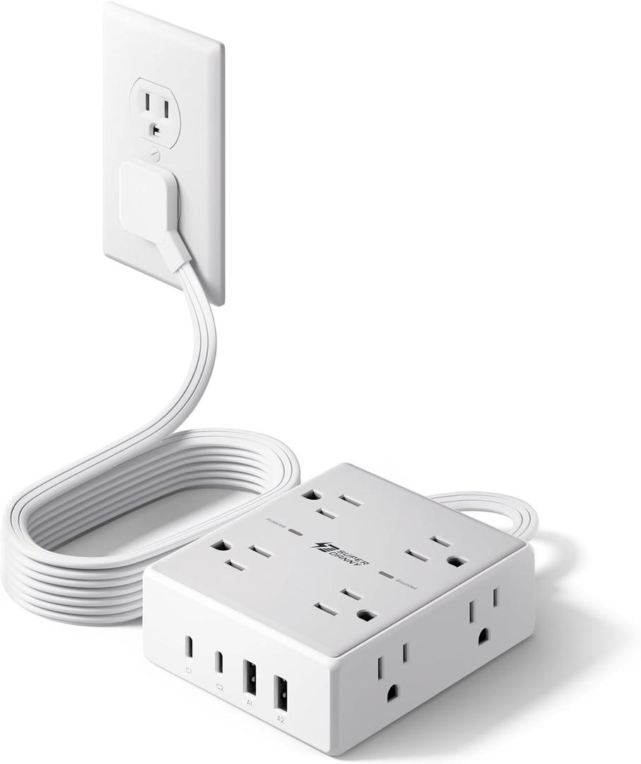 Flat Plug Surge Protector Power Strip, 6ft Ultra Thin Extension Cord with 4 USB (2 USB C Port), 8 Outlets Desk Charging Station, Wall Mountable Outlet Extender for Home Office, College Dorm Room (White)