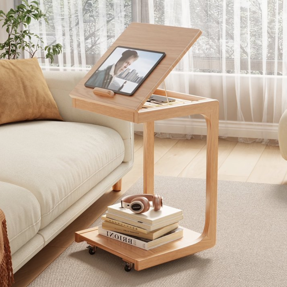 C Shaped End Table for Couch, Bedside Table with Rolling Wheels, Wooden Couch Table Adjustable Desktop for Living Room, Bedroom, Natural