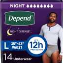 Depend Night Defense Adult Incontinence Underwear for Men, Disposable, Overnight, Large, Grey, 14 Count, Packaging May Vary